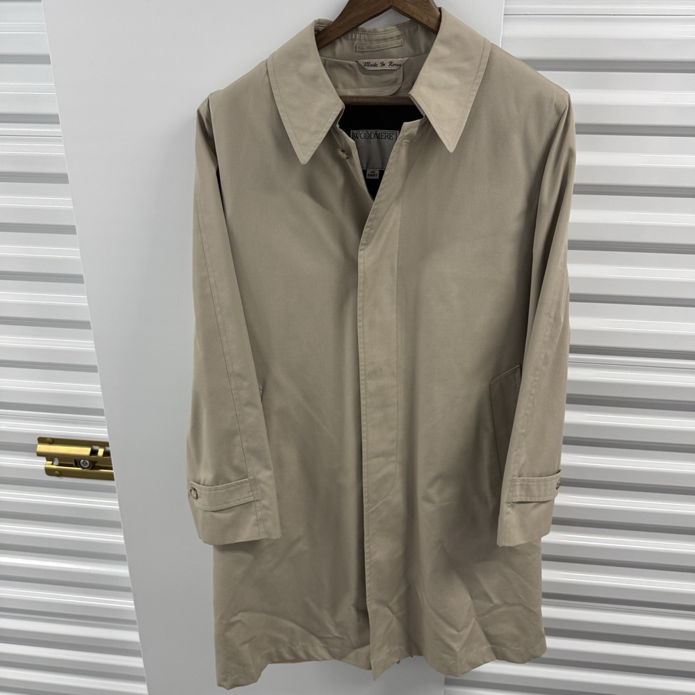Vintage Woodmere Beige Trench Coat Mens 40 Short Lined Rain Overcoat USA